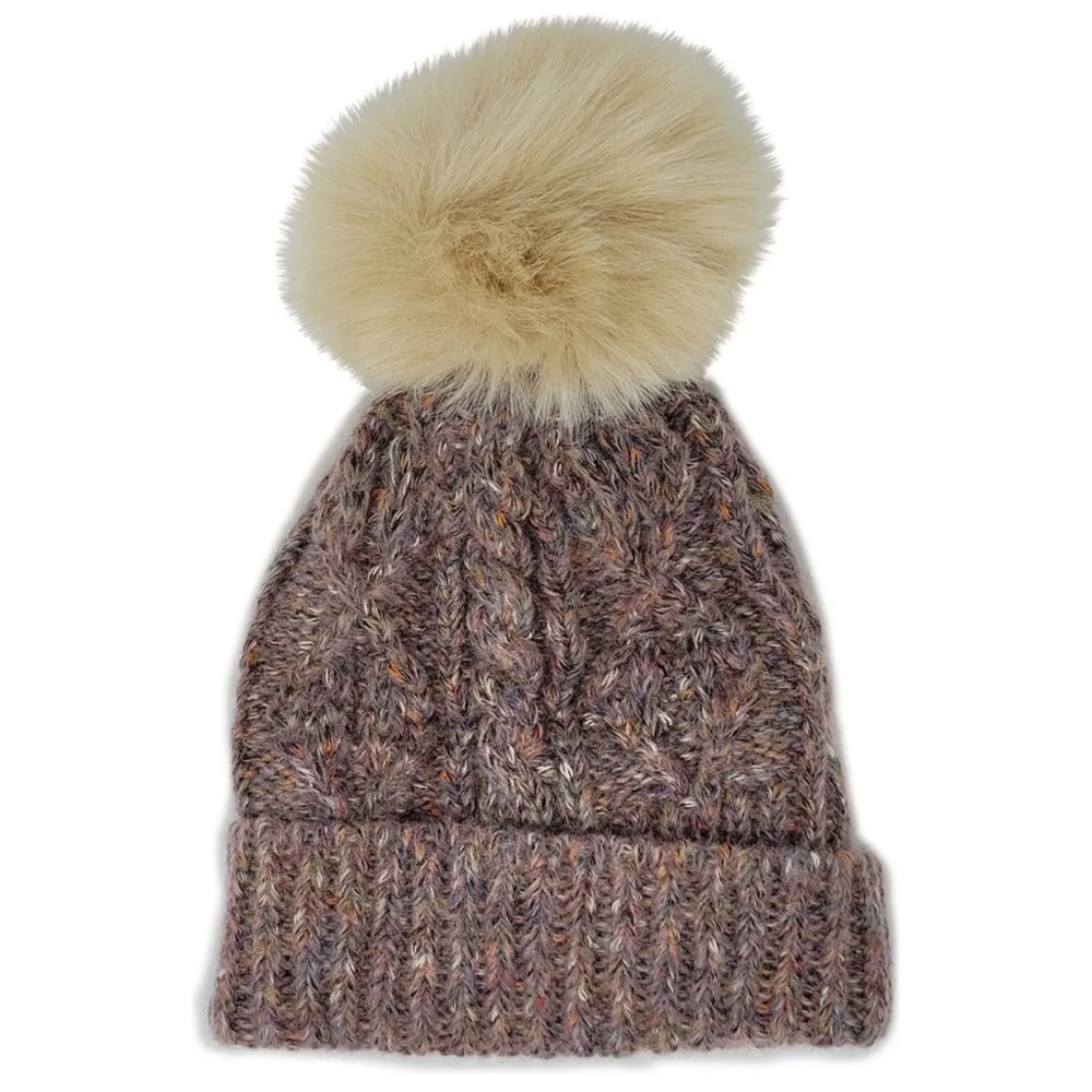 Kyi Kyi Faux Fur Pompom Cable Knit Beanie in Natural